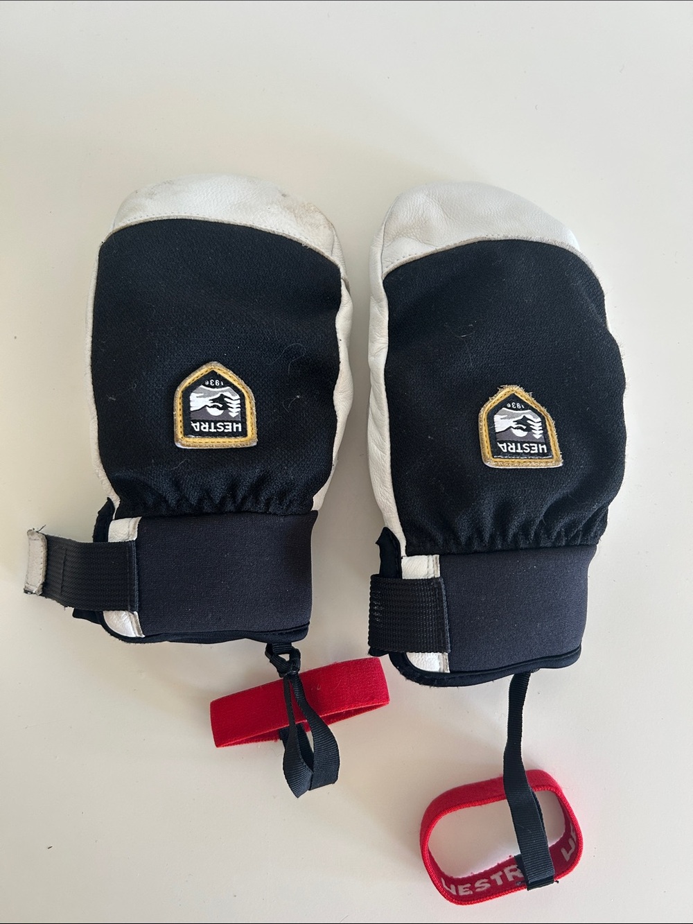 Hestra Kids Black, White and Red Mittens with Gold Logo